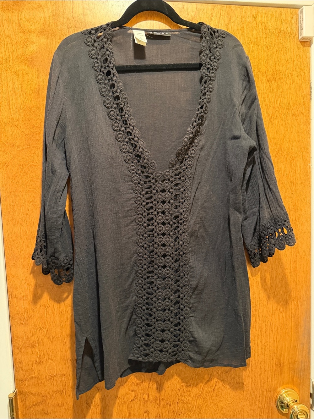 La Blanca Black Crochet-Trim V-Neck Coverup Tunic